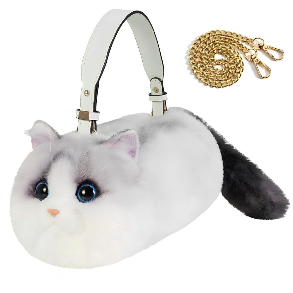 5192 Realistic Puffy Plushed Cat Shaped Crossbody Handbag with Adjustable